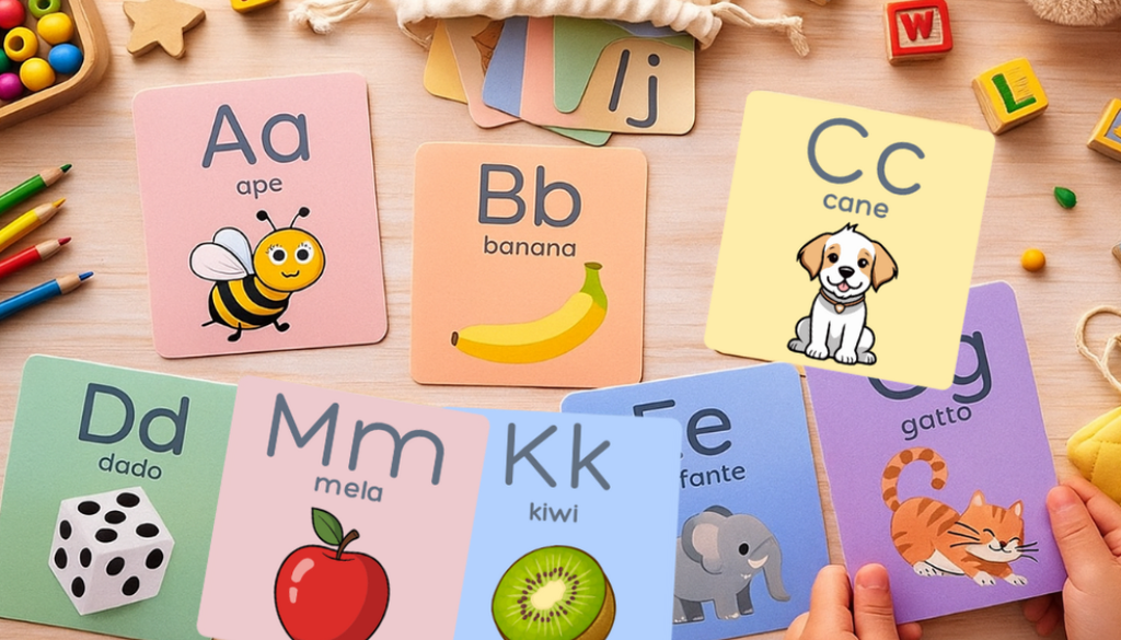 Flashcards Alfabeto Italiano per Bambini | 26 Carte Montessori Stampabili | abc Italiano, Immagini Colorate, PDF + PNG + JPG